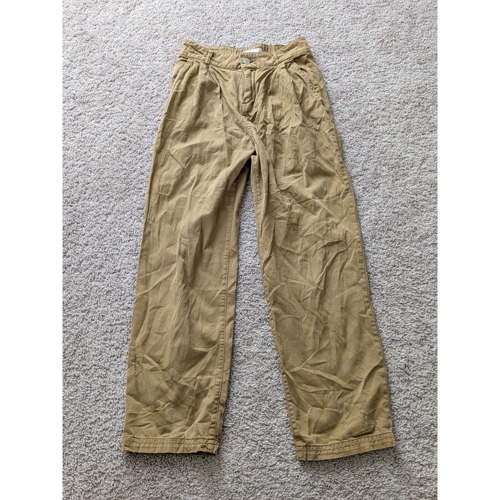 MNG Mango Pleated Trousers Khaki Tan High Rise Tapered Pants Size 2 Minimalist